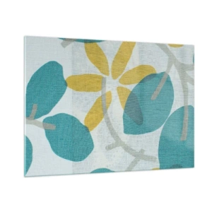 Glasbild - Bild auf glas - Eine Pflanzengrafik mit azurblauen Blättern und gelben Blüten - 100x70cm - Unter den azurblauen Blättern - Moderne Wanddekoration für Wohnzimmer und Schlafzimmer ARTTOR