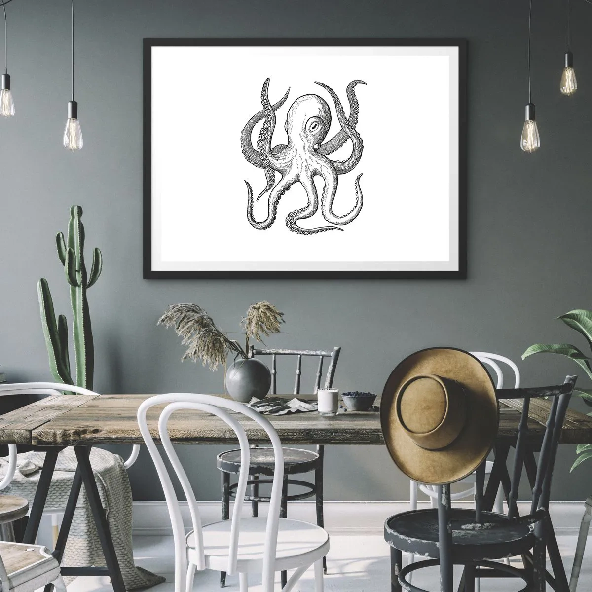 Poster in einem schwarzem Rahmen - Schwarz-weiße Zeichnung eines Oktopus auf weißem Hintergrund im Vintage-Stil - 70x50cm - Mit den Wellen tanzen - Moderne Wanddekoration für Wohnzimmer und Schlafzimmer ARTTOR