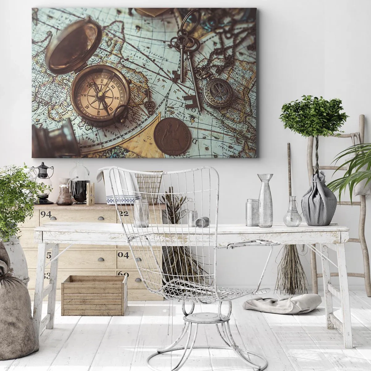 Bild auf Leinwand - Leinwandbild - Komposition mit Kompass, Schlüsseln und einer alten Karte im Retro-Stil - 70x50cm - Für den Abenteurer - Moderne Wanddekoration für Wohnzimmer und Schlafzimmer ARTTOR