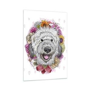 Glasbild - Bild auf glas - Ein Hund umgeben von bunten Blumen - 70x100cm - Welpenfreude - Moderne Wanddekoration für Wohnzimmer und Schlafzimmer ARTTOR