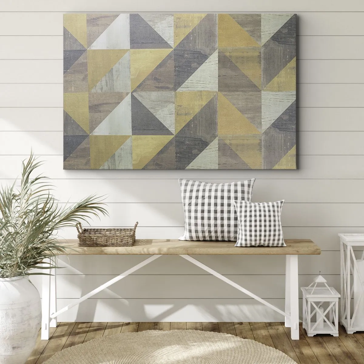 Bild auf Leinwand - Leinwandbild - Geometrische Komposition aus Dreiecken in erdigen Farbtönen - 70x50cm - Am Winkel des Dreiecks - Moderne Wanddekoration für Wohnzimmer und Schlafzimmer ARTTOR
