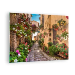 Glasbild - Bild auf glas - Eine charmante italienische Gasse mit Topfblumen und einer Kopfsteinpflasterstraße - 70x50cm - Italienische Gasse - Moderne Wanddekoration für Wohnzimmer und Schlafzimmer ARTTOR