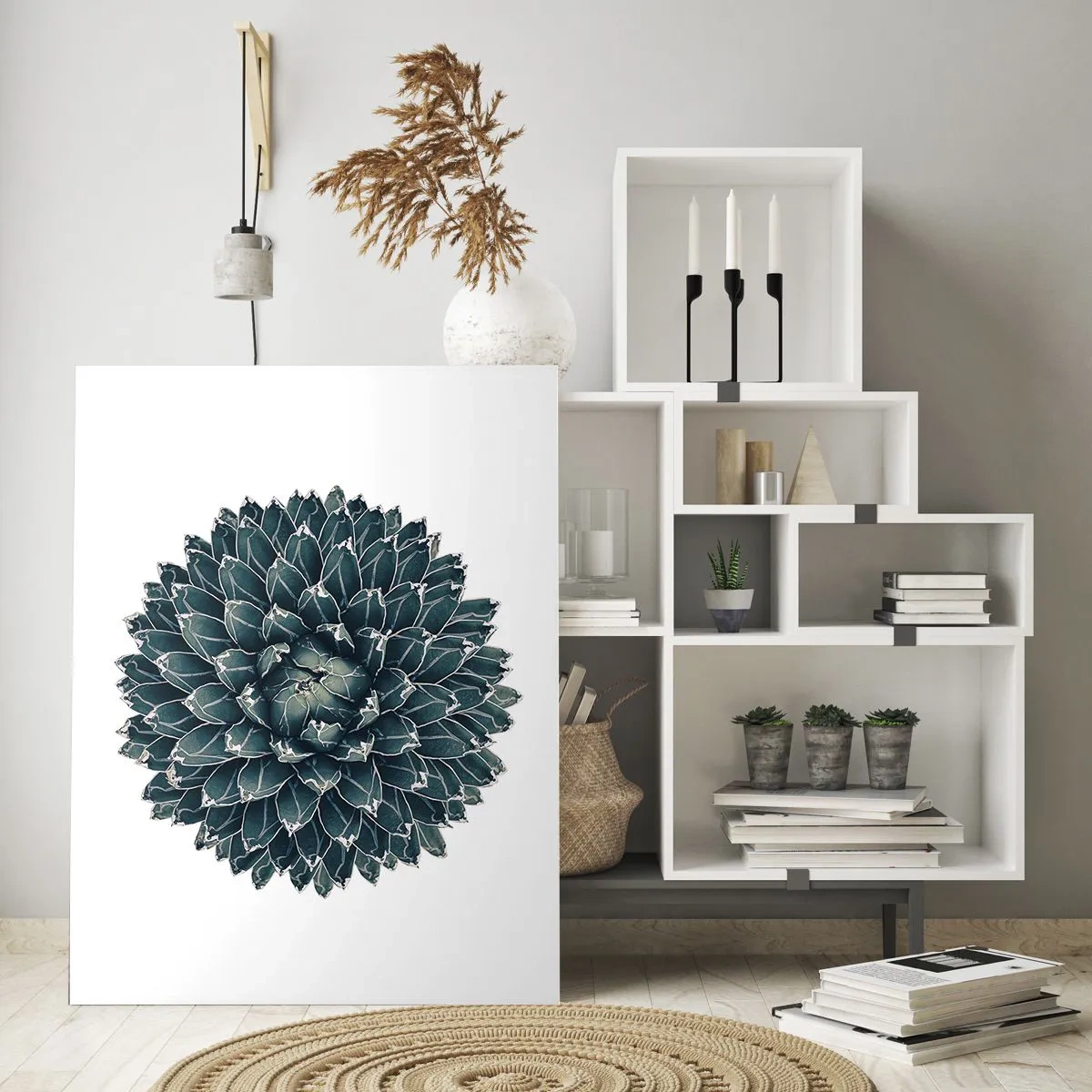 Glasbild - Bild auf glas - Symmetrische Sukkulente auf weißem Hintergrund - 80x120cm - Stern der Wüste - Moderne Wanddekoration für Wohnzimmer und Schlafzimmer ARTTOR