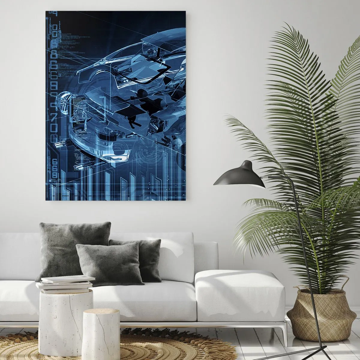 Glasbild - Bild auf glas - Technologisches Diagramm eines Autos im futuristischen Stil - 50x70cm - Technische Anatomie - Moderne Wanddekoration für Wohnzimmer und Schlafzimmer ARTTOR