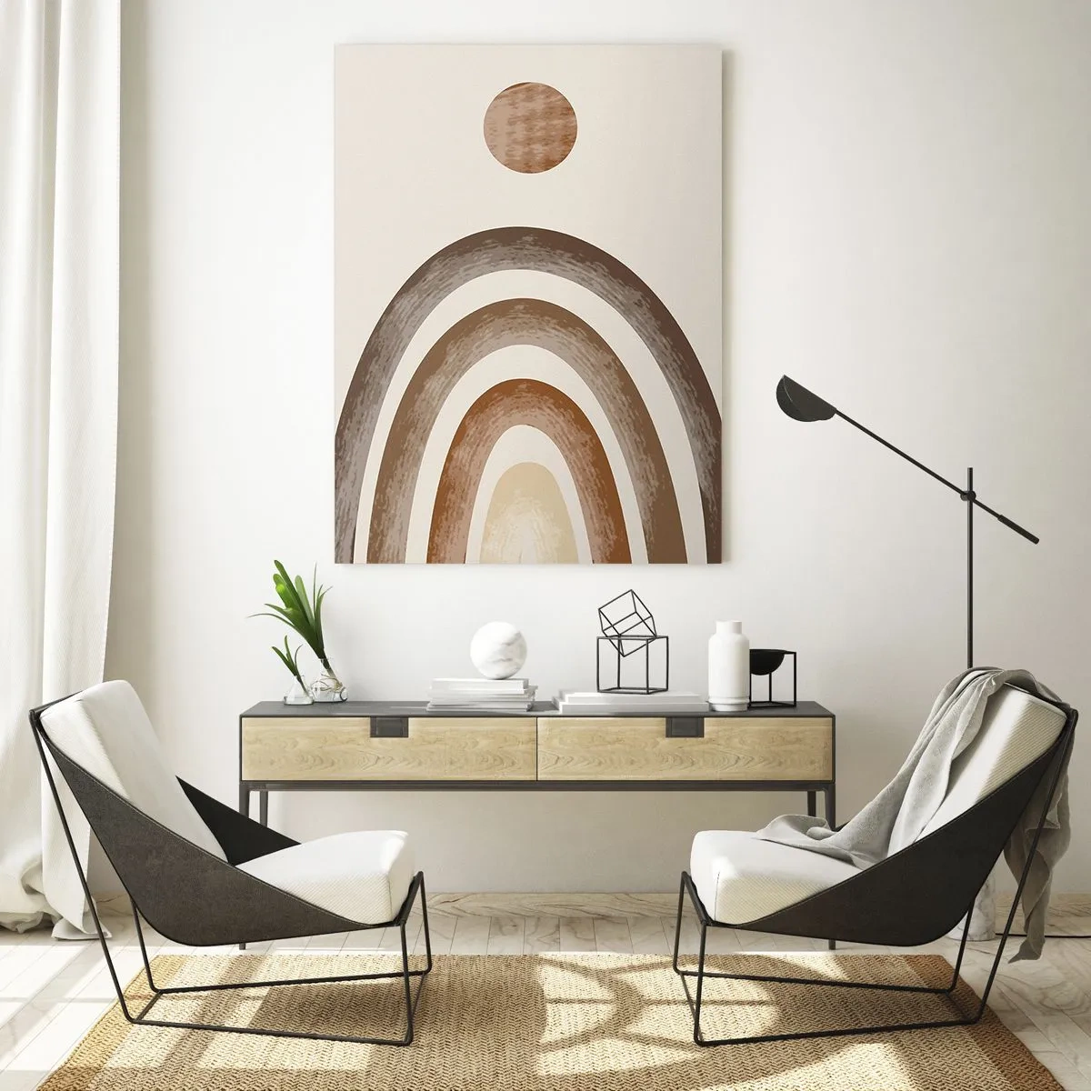 Glasbild - Bild auf glas - Abstrakte Streifen und Kreise in Brauntönen - 50x70cm - In einer weit entfernten Galaxie - Moderne Wanddekoration für Wohnzimmer und Schlafzimmer ARTTOR