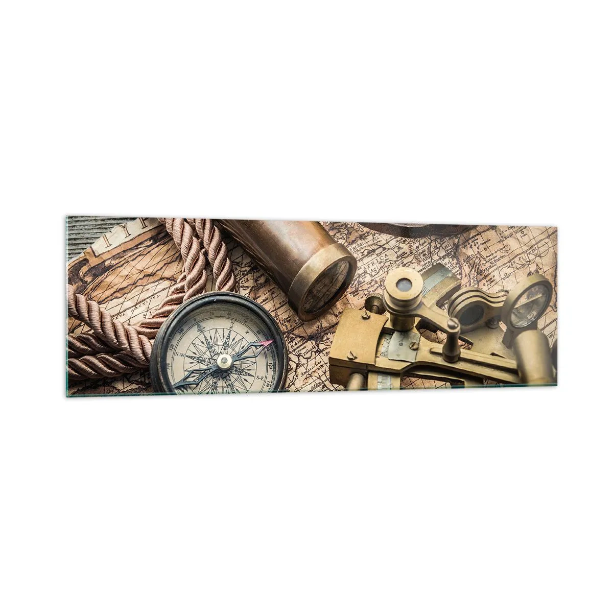 Glasbild - Bild auf glas - Ein Kompass, ein Sextant und ein Teleskop vor dem Hintergrund einer alten Karte und eines Seeseils. - 160x50cm - Setze Sie einen Kurs - Moderne Wanddekoration für Wohnzimmer und Schlafzimmer ARTTOR