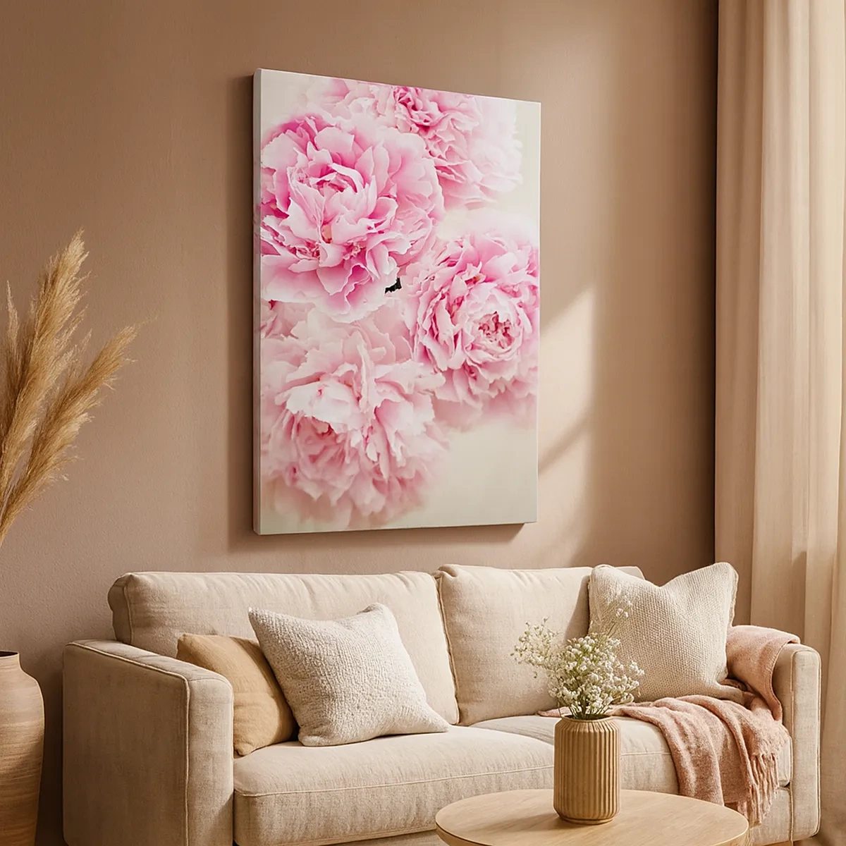 Bild auf Leinwand - Leinwandbild - Ein Strauß rosa Pfingstrosen auf hellem Hintergrund - 50x70cm - In rosa Glamour - Moderne Wanddekoration für Wohnzimmer und Schlafzimmer ARTTOR