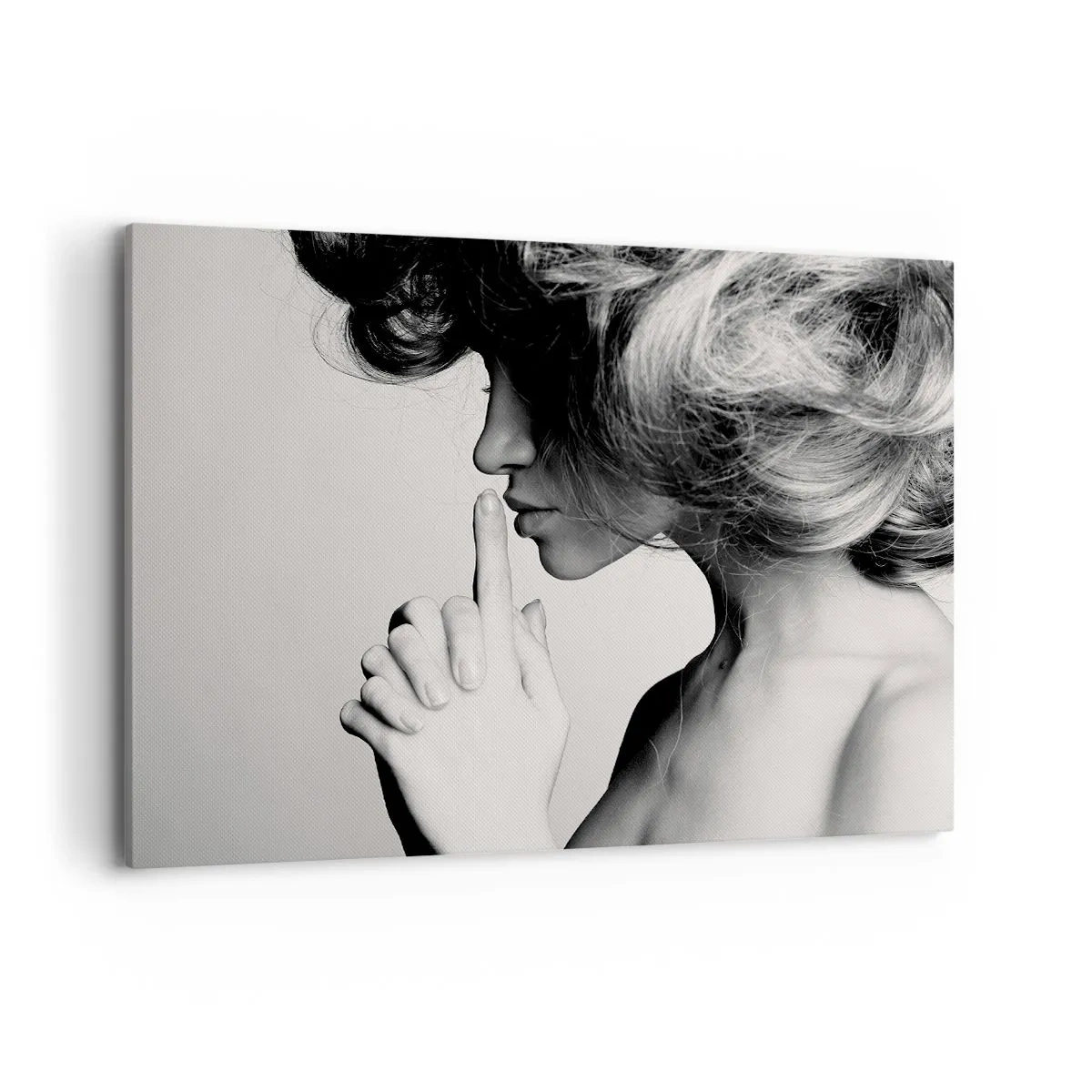 Bild auf Leinwand - Leinwandbild - Schwarz-weißes Profil einer Frau, die Stille gestikuliert - 120x80cm - Auf sich selbst hören - Moderne Wanddekoration für Wohnzimmer und Schlafzimmer ARTTOR