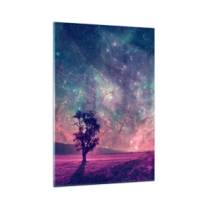 Glasbild - Bild auf glas - Ein Baum vor einem Sternenhimmel in violetten und blauen Farben - 80x120cm - Unter dem magischen Himmel - Moderne Wanddekoration für Wohnzimmer und Schlafzimmer ARTTOR