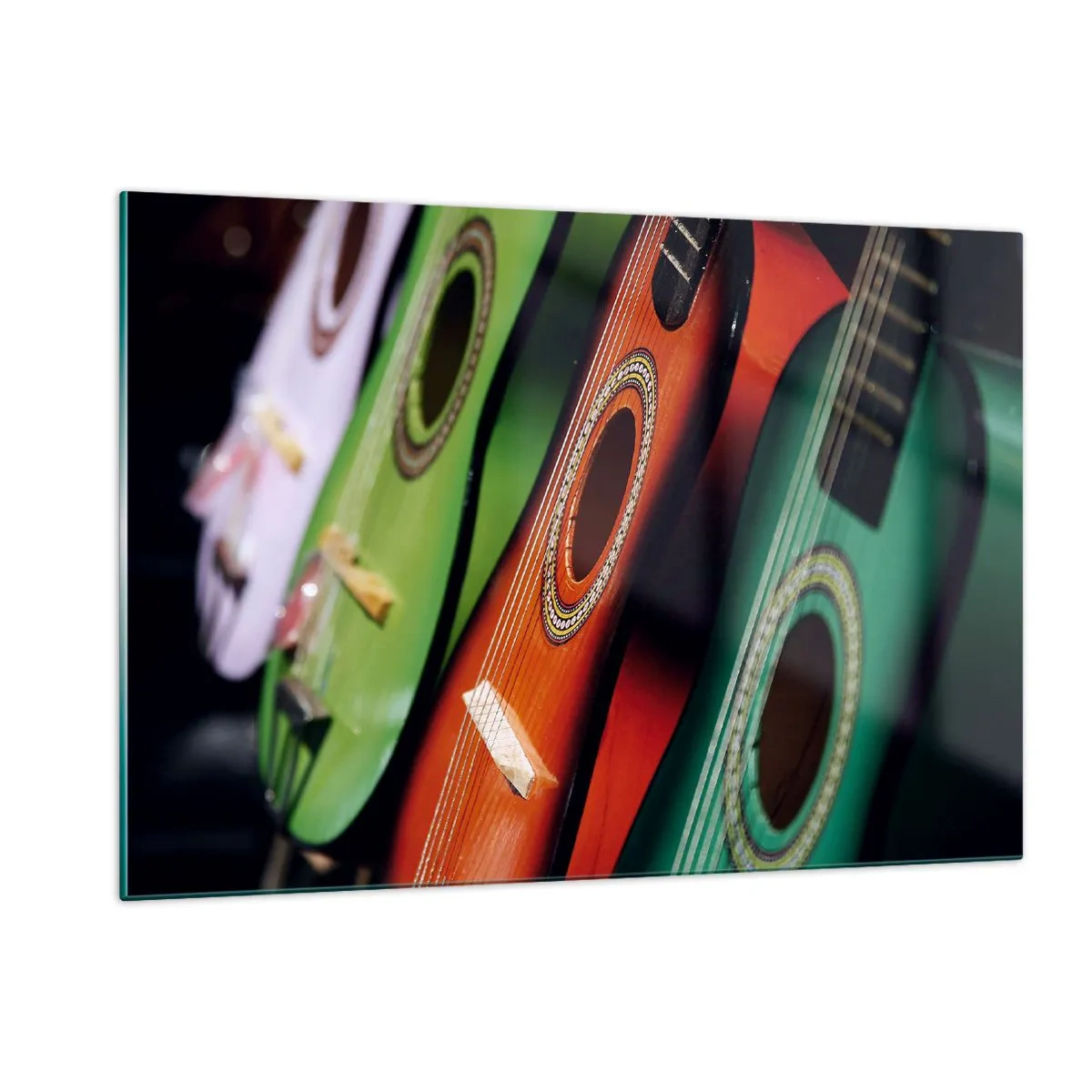 Glasbild - Bild auf glas - Bunte Gitarren in einer Reihe - 120x80cm - Die Gitarre hat viele Farben - Moderne Wanddekoration für Wohnzimmer und Schlafzimmer ARTTOR