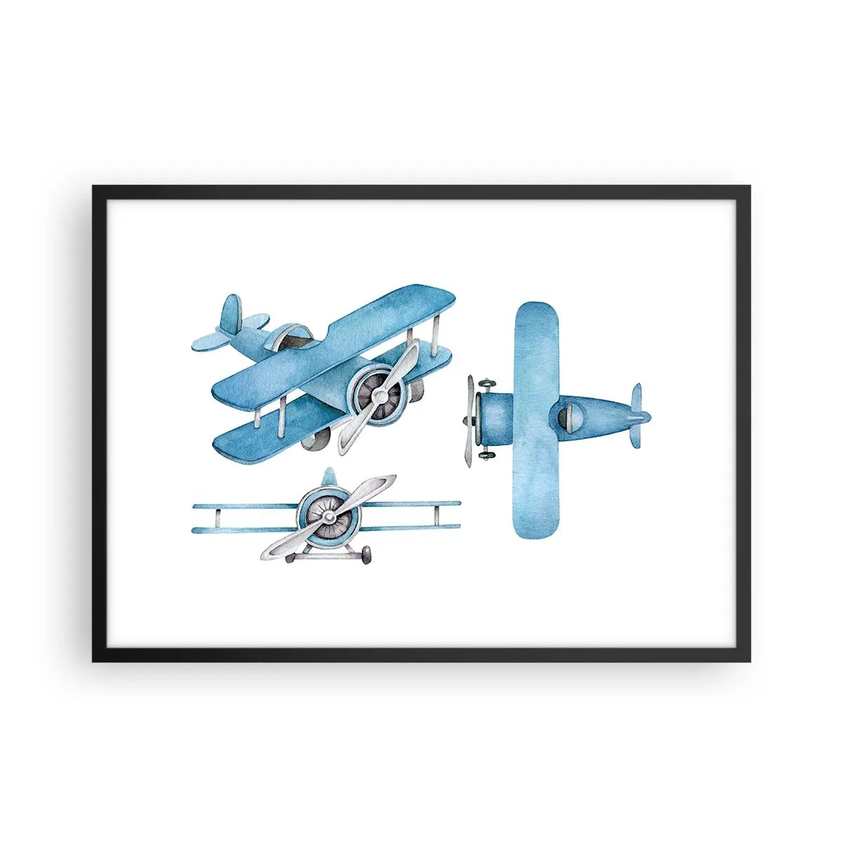 Poster in einem schwarzem Rahmen - Blaue Retro-Flugzeuge - 70x50cm - Geboren um zu gewinnen - Moderne Wanddekoration für Wohnzimmer und Schlafzimmer ARTTOR