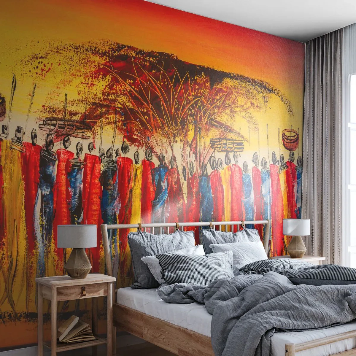 Fototapete Premium Sand - Abstrakte afrikanische Szene mit Menschen und Sonnenuntergang - 100x70cm - Dort, dort, dort gehen sie - Moderne Wanddekoration für Wohnzimmer und Schlafzimmer ARTTOR