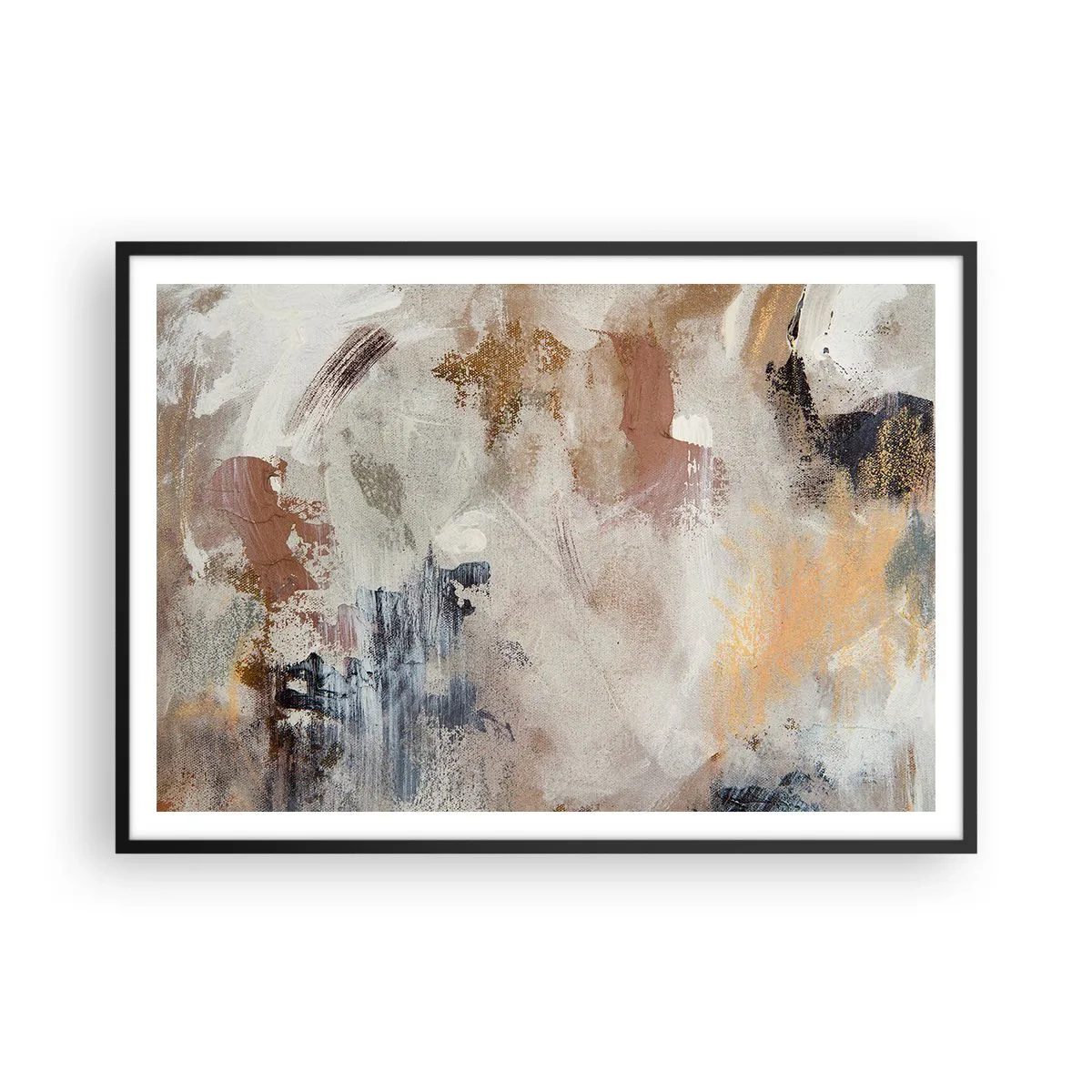 Poster in einem schwarzem Rahmen - Abstrakte Punkte in gedeckten Beige- und Goldtönen - 100x70cm - Neblige Abstraktion - Moderne Wanddekoration für Wohnzimmer und Schlafzimmer ARTTOR