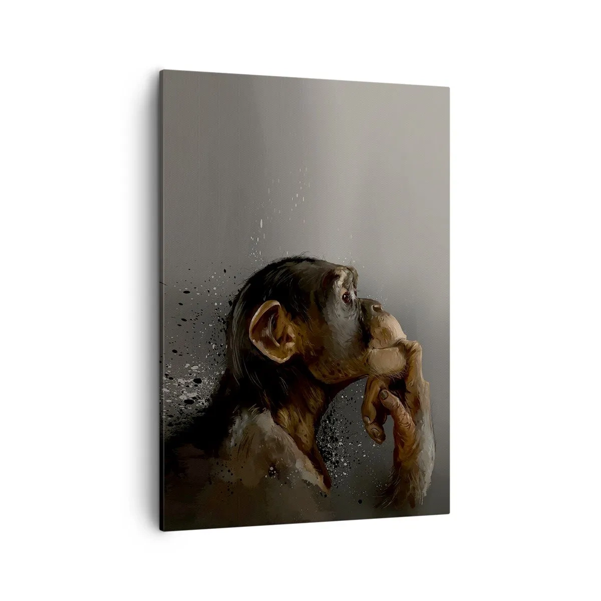 Bild auf Leinwand - Leinwandbild - Porträt eines Affen in nachdenklicher Pose vor grauem Hintergrund - 50x70cm - Sicherlich ein Denker - Moderne Wanddekoration für Wohnzimmer und Schlafzimmer ARTTOR