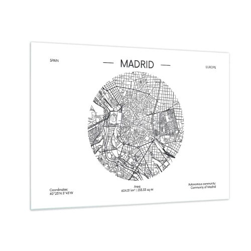 Glasbild - Bild auf glas - Eine minimalistische schwarz-weiße Karte von Madrid in kreisförmiger Form. - 70x50cm - Anatomie von Madrid - Moderne Wanddekoration für Wohnzimmer und Schlafzimmer ARTTOR