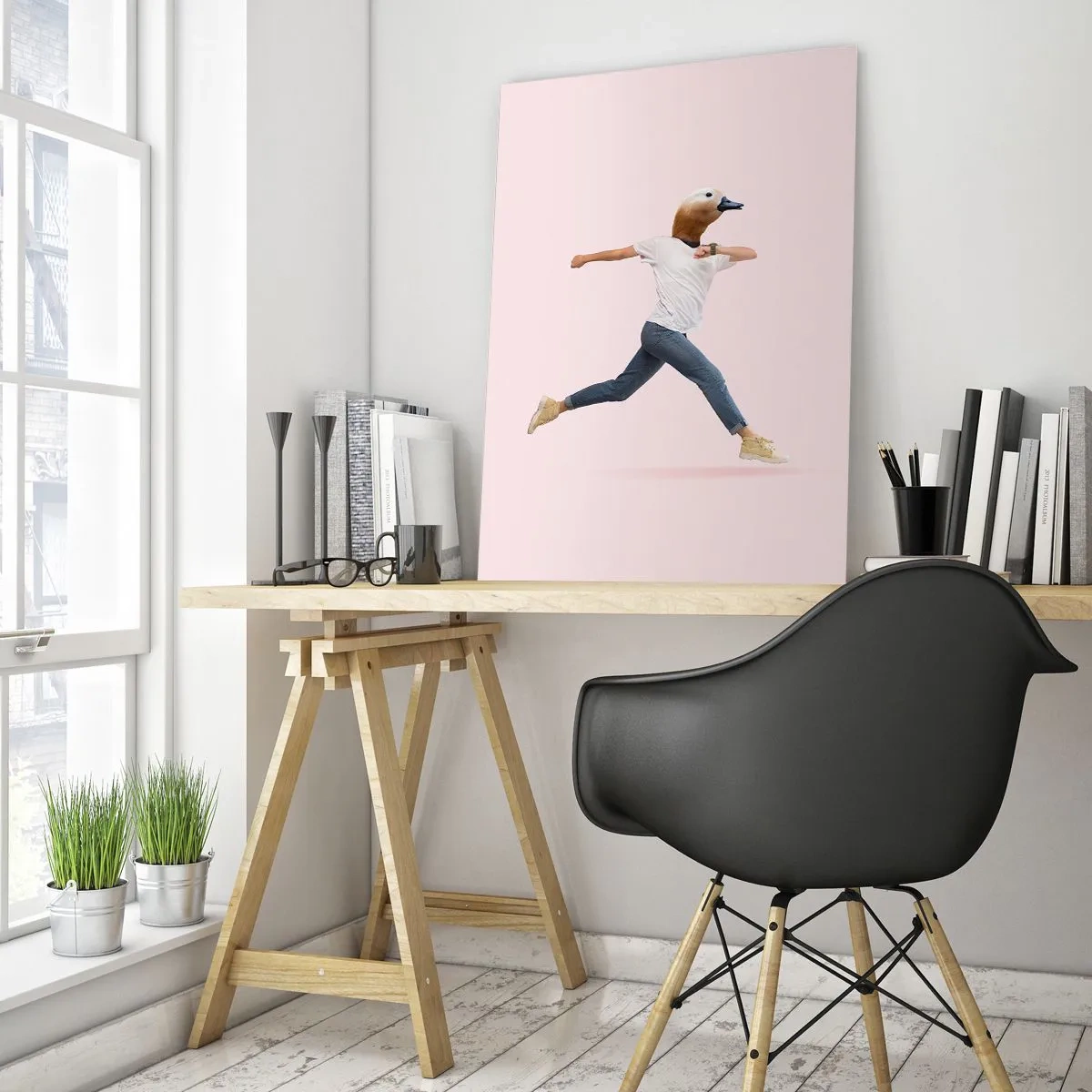 Glasbild - Bild auf glas - Eine surrealistische Figur mit einem Entenkopf in Bewegung - 70x100cm - Eine Prise Absurdität - Moderne Wanddekoration für Wohnzimmer und Schlafzimmer ARTTOR