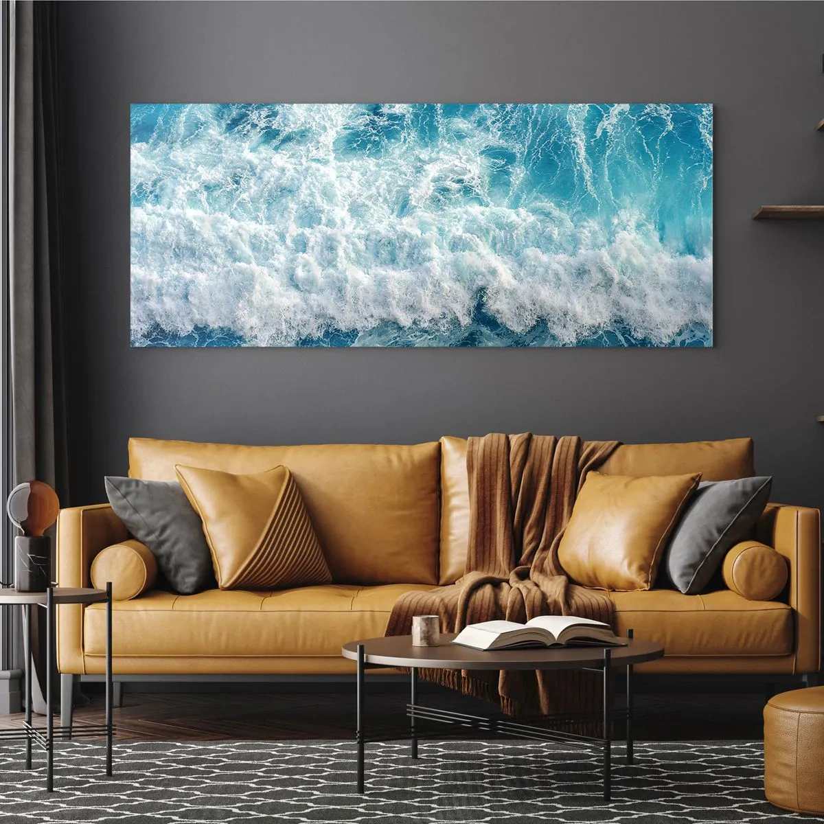 Glasbild - Bild auf glas - Dynamische Meereswellen in Blautönen - 120x50cm - Freudig und springend - Moderne Wanddekoration für Wohnzimmer und Schlafzimmer ARTTOR