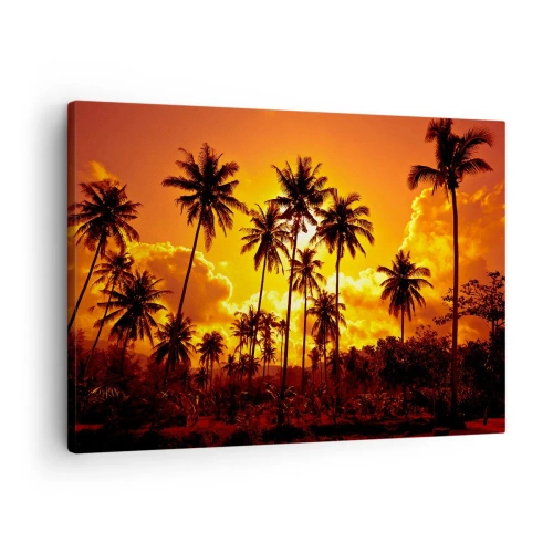 Bild auf Leinwand - Leinwandbild - Palmen vor einem goldenen Himmel während eines tropischen Sonnenuntergangs - 70x50cm - Berge brennen, Wälder brennen - Moderne Wanddekoration für Wohnzimmer und Schlafzimmer ARTTOR