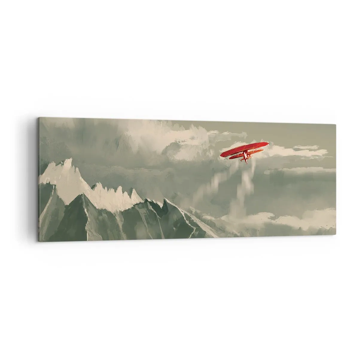 Bild auf Leinwand - Leinwandbild - Rotes Flugzeug über schneebedeckten Bergen - 140x50cm - Furchtloser Pionier - Moderne Wanddekoration für Wohnzimmer und Schlafzimmer ARTTOR