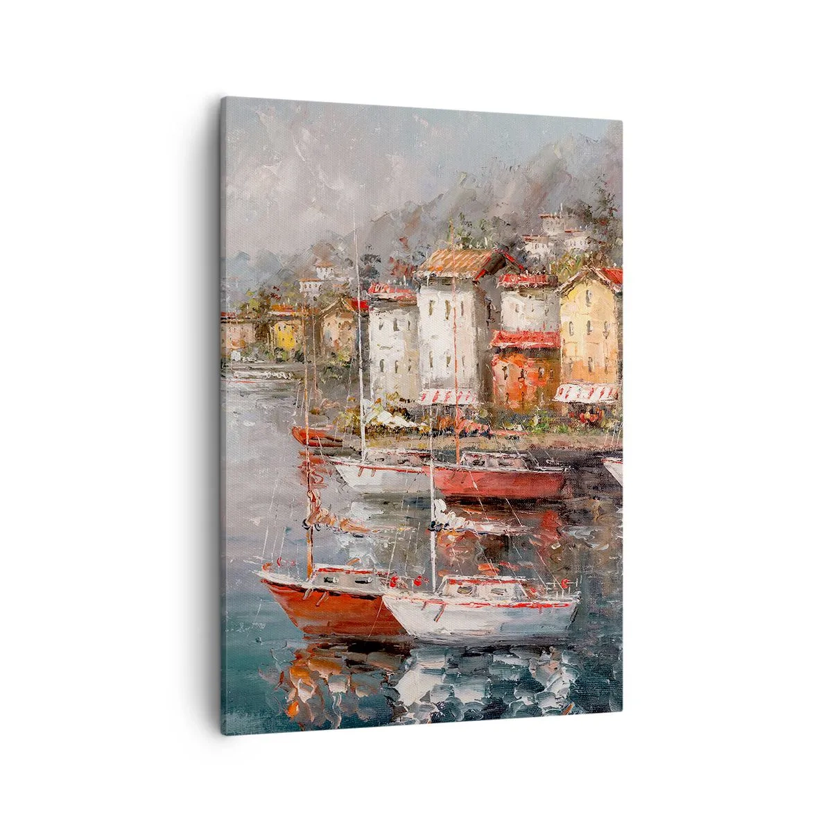 Bild auf Leinwand - Leinwandbild - Küstenlandschaft mit Booten und bunten Häusern - 50x70cm - Romantische Oase - Moderne Wanddekoration für Wohnzimmer und Schlafzimmer ARTTOR