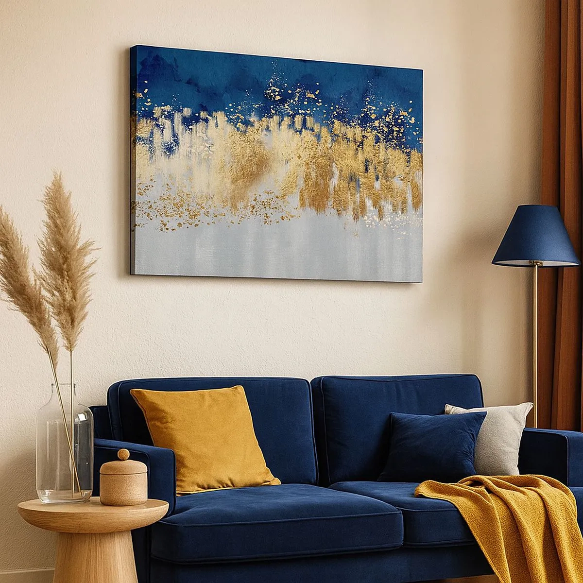 Bild auf Leinwand - Leinwandbild - Eine abstrakte Komposition in Gold- und Marineblautönen. - 70x50cm - Moderne Komposition mit Glanz - Moderne Wanddekoration für Wohnzimmer und Schlafzimmer ARTTOR