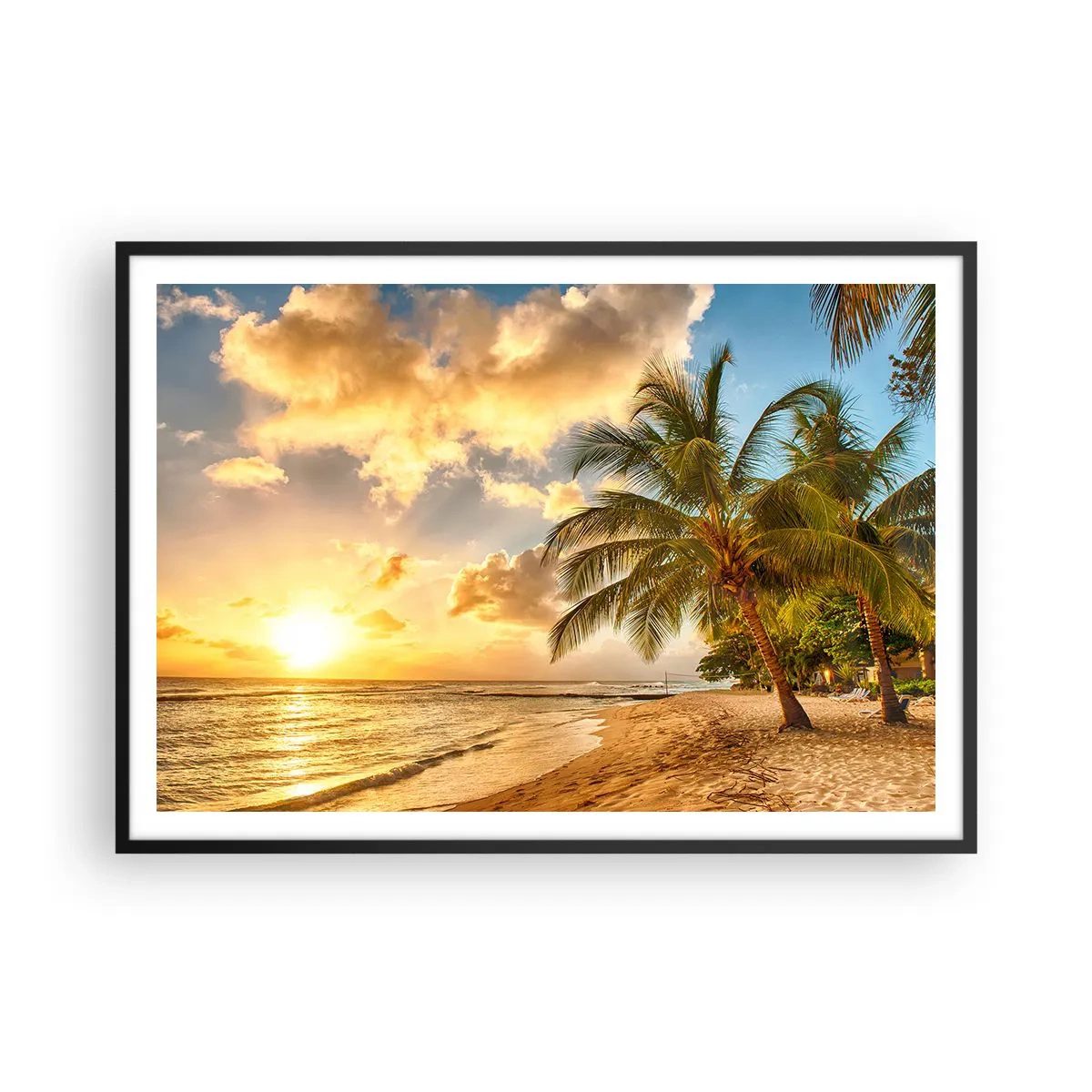 Poster in einem schwarzem Rahmen - Strand mit Palmen und einem Sonnenuntergang über dem Meer - 100x70cm - Ewiger Sommer, immer Urlaub - Moderne Wanddekoration für Wohnzimmer und Schlafzimmer ARTTOR