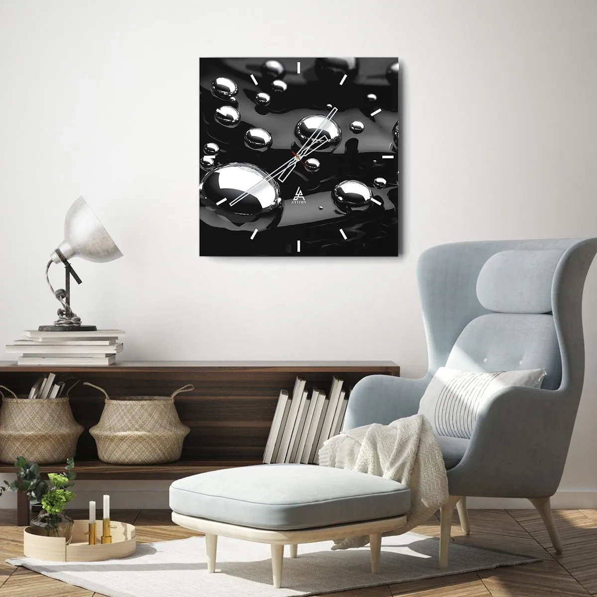 Wanduhr - Glasuhr - Abstrakte Tropfen auf einer schwarzen Oberfläche - 30x30cm - Aus der schwarzen Wassertiefe - Moderne Wanddekoration für Wohnzimmer und Schlafzimmer ARTTOR