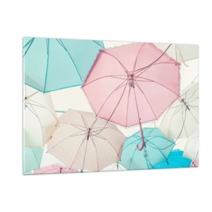 Glasbild - Bild auf glas - Bunte Regenschirme schweben in der Luft - 120x80cm - Mal Sonne, mal Regen - Moderne Wanddekoration für Wohnzimmer und Schlafzimmer ARTTOR