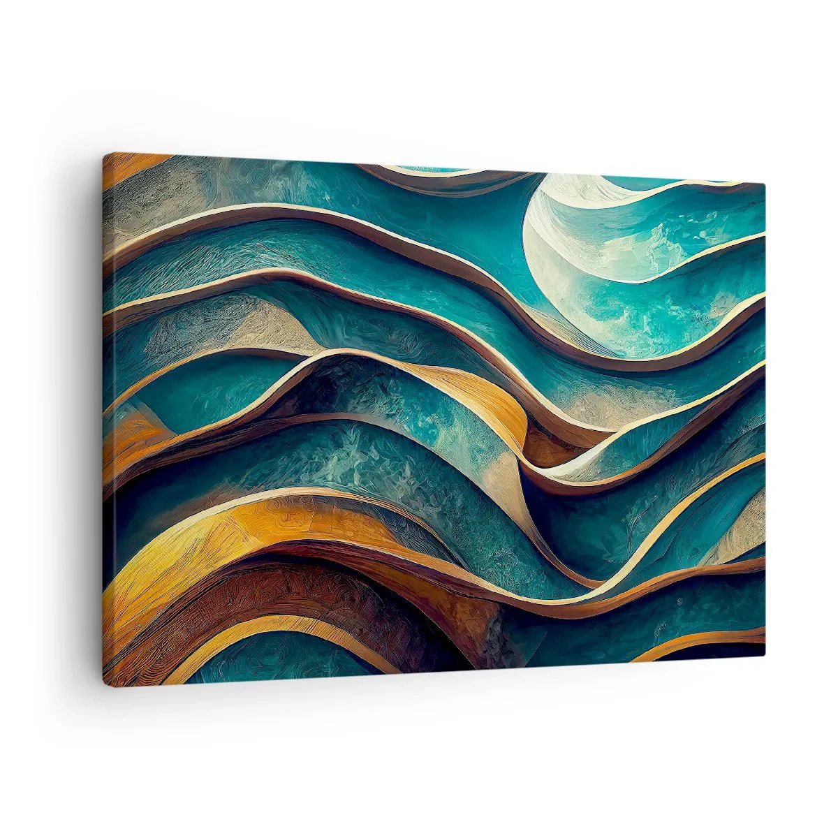 Bild auf Leinwand - Leinwandbild - Abstrakte Wellen in Türkis- und Goldtönen - 70x50cm - Blaue Mäander - Moderne Wanddekoration für Wohnzimmer und Schlafzimmer ARTTOR
