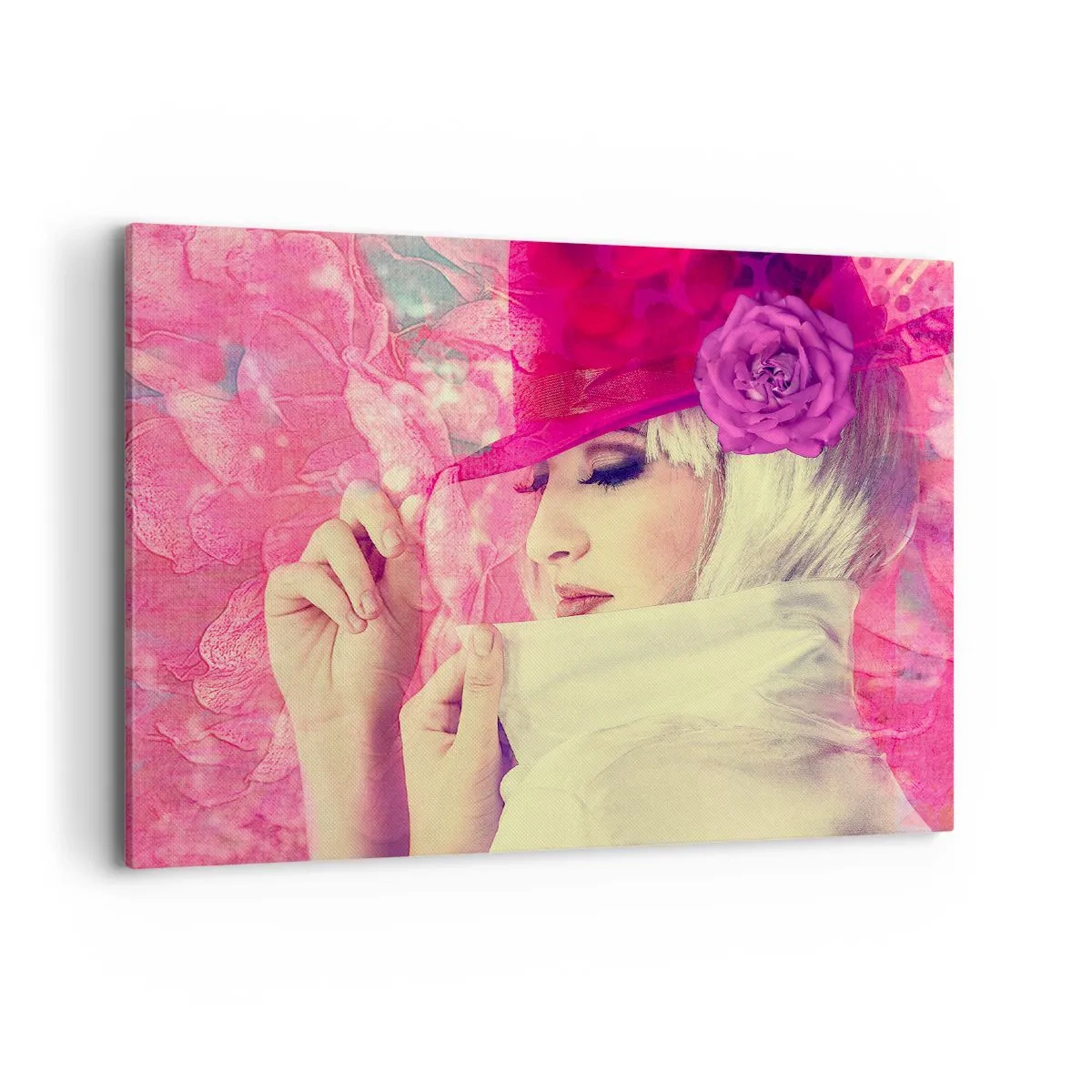 Bild auf Leinwand - Leinwandbild - Stilvolle Frau mit rosa Hut und Blume - 100x70cm - Retro-Porträt in einem rosa Nebel - Moderne Wanddekoration für Wohnzimmer und Schlafzimmer ARTTOR