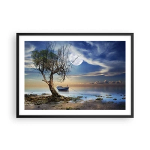 Poster in einem schwarzem Rahmen - Ein einsamer Baum und ein Boot auf ruhigem Wasser unter Vollmond. - 70x50cm - Ist das das Ende oder der Anfang? - Moderne Wanddekoration für Wohnzimmer und Schlafzimmer ARTTOR