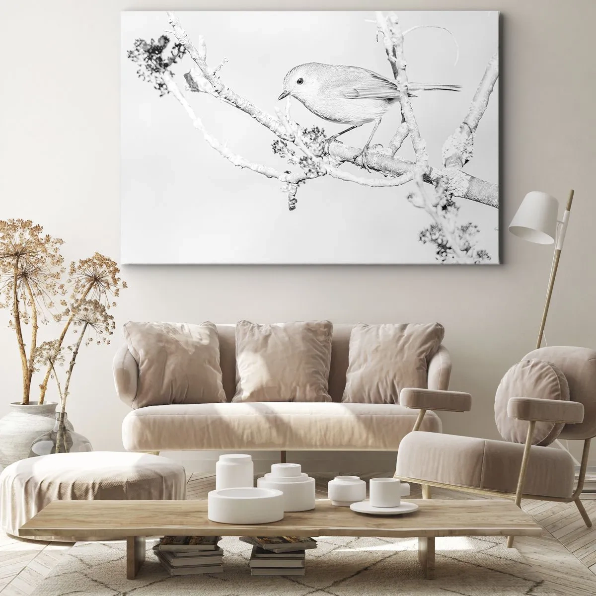 Bild auf Leinwand - Leinwandbild - Vogel auf einem Ast in Schwarz-Weiß im minimalistischen Stil - 120x80cm - Wintermorgen - Moderne Wanddekoration für Wohnzimmer und Schlafzimmer ARTTOR