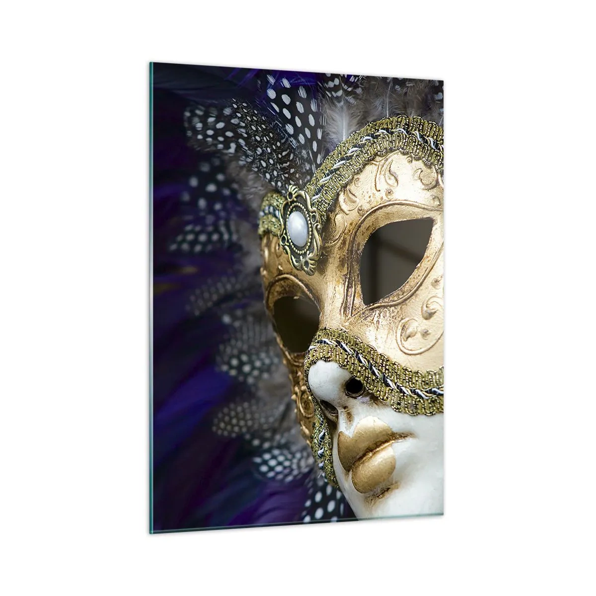 Glasbild - Bild auf glas - Goldene venezianische Maske mit Federn auf violettem Hintergrund - 50x70cm - Venezianisches Porträt in Gold - Moderne Wanddekoration für Wohnzimmer und Schlafzimmer ARTTOR