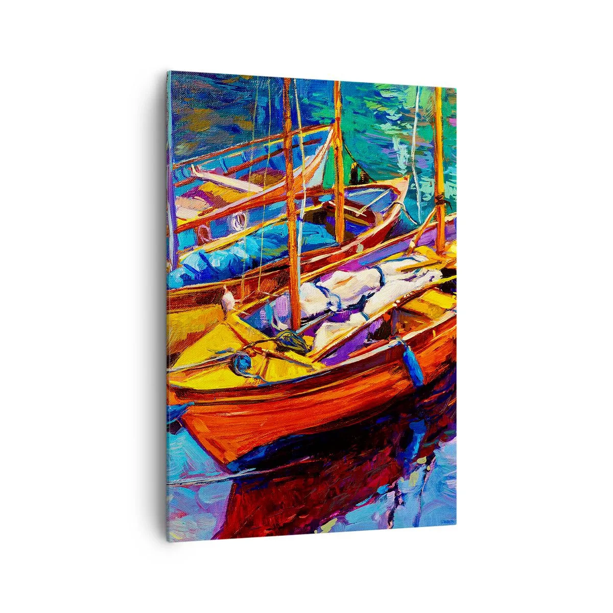 Bild auf Leinwand - Leinwandbild - Bunte Boote auf ruhigem Wasser - 70x100cm - Auf Wasser dick mit Farben - Moderne Wanddekoration für Wohnzimmer und Schlafzimmer ARTTOR