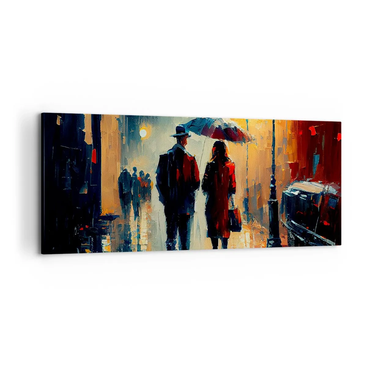 Bild auf Leinwand - Leinwandbild - Nachts im Regen unter einem Regenschirm in der Stadt spazieren gehen - 120x50cm - Urbane Liebesgeschichte - Moderne Wanddekoration für Wohnzimmer und Schlafzimmer ARTTOR