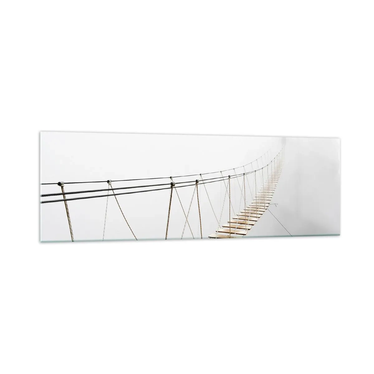 Glasbild - Bild auf glas - Eine Hängebrücke im Nebel aus minimalistischer Perspektive - 160x50cm - Wohin wird es dich führen? - Moderne Wanddekoration für Wohnzimmer und Schlafzimmer ARTTOR
