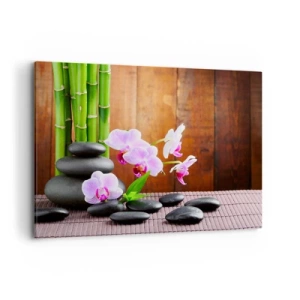 Bild auf Leinwand - Leinwandbild - Bambus, Steine und rosa Orchideen im Zen-Stil auf Holzhintergrund - 100x70cm - Treffen Sie die Freuden des Ostens - Moderne Wanddekoration für Wohnzimmer und Schlafzimmer ARTTOR