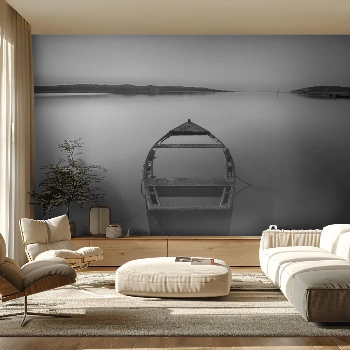 Fototapete Premium Sand - Ein verlassenes Boot auf einer ruhigen Seeoberfläche in Grautönen - 100x70cm - Sehnsucht und Melancholie - Moderne Wanddekoration für Wohnzimmer und Schlafzimmer ARTTOR