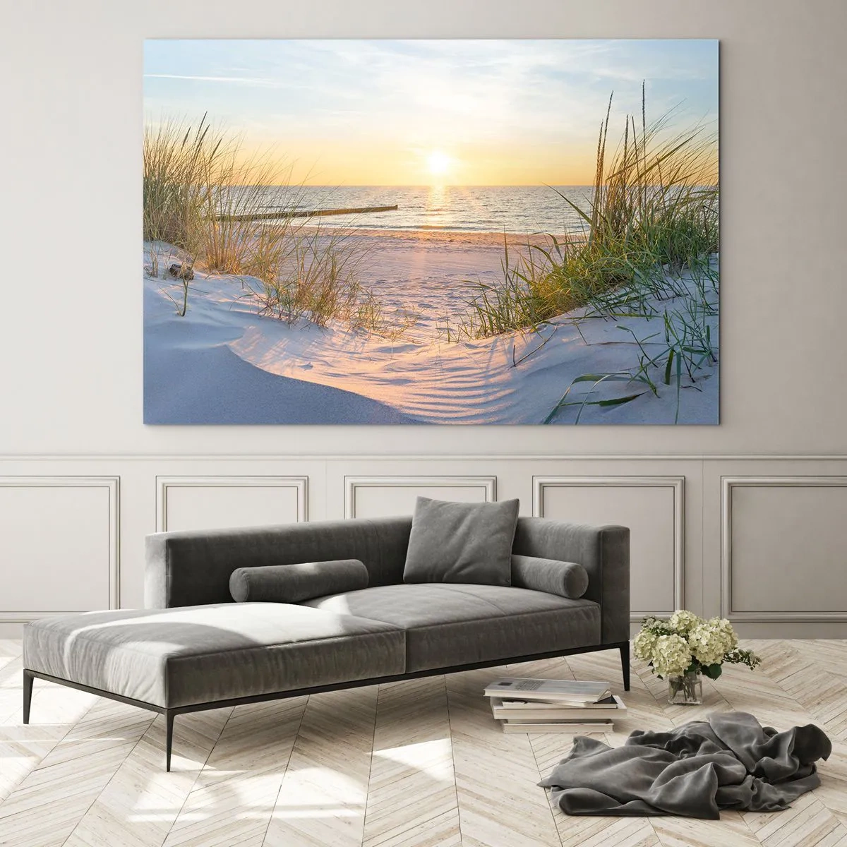 Glasbild - Bild auf glas - Sonnenuntergangsstrand mit Blick auf das Meer und Dünengräser - 100x70cm - Das Rauschen des Meeres, der Gesang der Vögel, ein wilder Strand im Gras ... - Moderne Wanddekoration für Wohnzimmer und Schlafzimmer ARTTOR