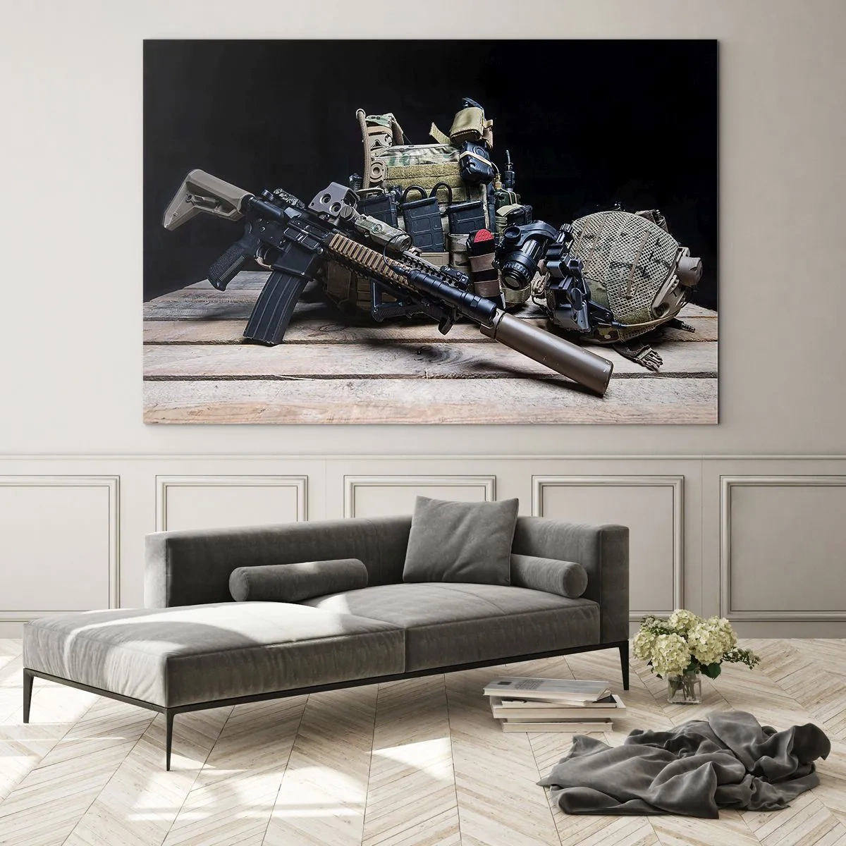 Glasbild - Bild auf glas - Taktische Ausrüstung und Waffen auf einem Holztisch angeordnet - 70x50cm - Sich ausruhen! - Moderne Wanddekoration für Wohnzimmer und Schlafzimmer ARTTOR
