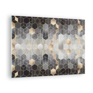 Glasbild - Bild auf glas - Geometrisches Muster aus Sechsecken in goldenen Linien - 70x50cm - Diamant-Komposition - Moderne Wanddekoration für Wohnzimmer und Schlafzimmer ARTTOR