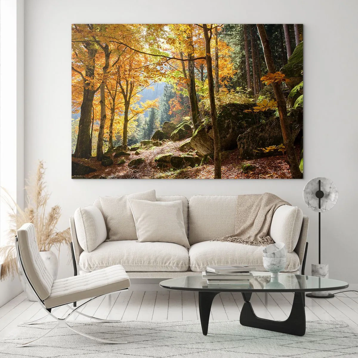 Glasbild - Bild auf glas - Herbstwald mit Sonnenstrahlen und Steinen - 120x80cm - Zeit zum Entspannen - Moderne Wanddekoration für Wohnzimmer und Schlafzimmer ARTTOR