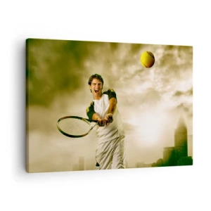 Bild auf Leinwand - Leinwandbild - Tennisspieler in Aktion während eines Spiels vor dem Hintergrund einer urbanen Landschaft - 70x50cm - Energie und Freude - Moderne Wanddekoration für Wohnzimmer und Schlafzimmer ARTTOR