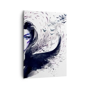 Bild auf Leinwand - Leinwandbild - Abstraktes Gesicht mit kontrastierenden Elementen und einem Flügelmotiv - 50x70cm - Dämonisch und schön - Moderne Wanddekoration für Wohnzimmer und Schlafzimmer ARTTOR