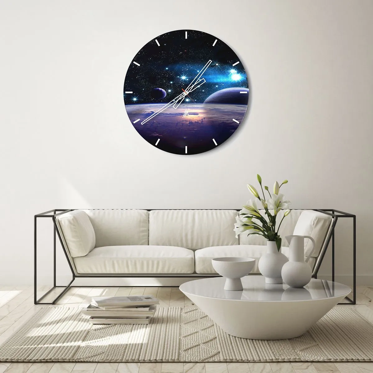 Wanduhr - Glasuhr - Weltraum mit Sternen, Planeten und einer Planetenoberfläche mit Atmosphäre - 30x30cm - Noch allein? - Moderne Wanddekoration für Wohnzimmer, Küche und Schlafzimmer ARTTOR