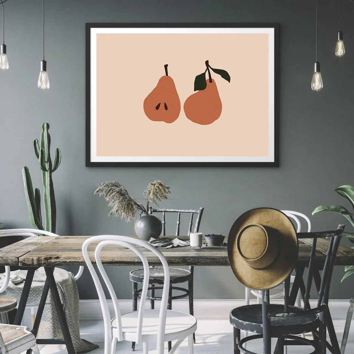Poster in einem schwarzem Rahmen - Eine minimalistische Illustration von zwei Birnen auf beigem Hintergrund. - 100x70cm - Pure Süße - Moderne Wanddekoration für Wohnzimmer und Schlafzimmer ARTTOR