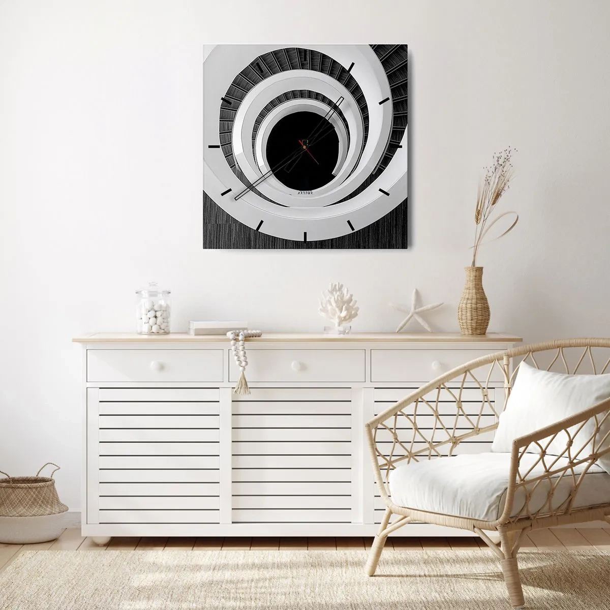 Wanduhr - Glasuhr - Schwarz-weiße Wendeltreppe im modernen Stil - 30x30cm - Zum Kern der Sache - Moderne Wanddekoration für Wohnzimmer und Schlafzimmer ARTTOR