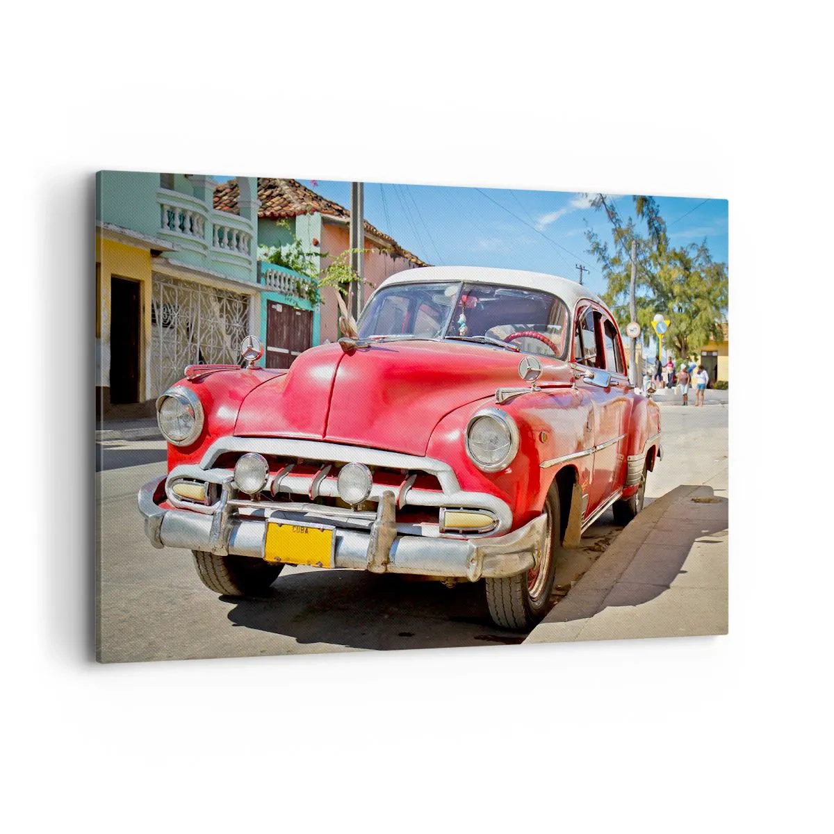 Bild auf Leinwand - Leinwandbild - Ein roter Oldtimer, der an einem sonnigen Tag auf der Straße geparkt ist - 120x80cm - Nur in Kuba - Moderne Wanddekoration für Wohnzimmer und Schlafzimmer ARTTOR