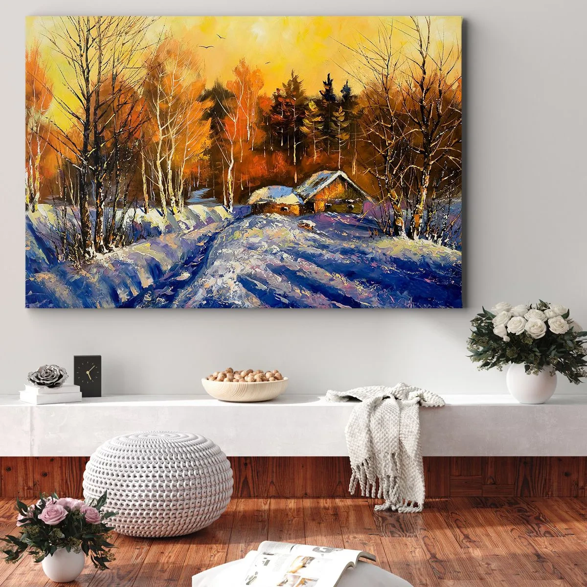 Bild auf Leinwand - Leinwandbild - Winterlandschaft mit einem Haus im Licht der untergehenden Sonne - 70x50cm - Wintereindruck in der Sonne - Moderne Wanddekoration für Wohnzimmer und Schlafzimmer ARTTOR