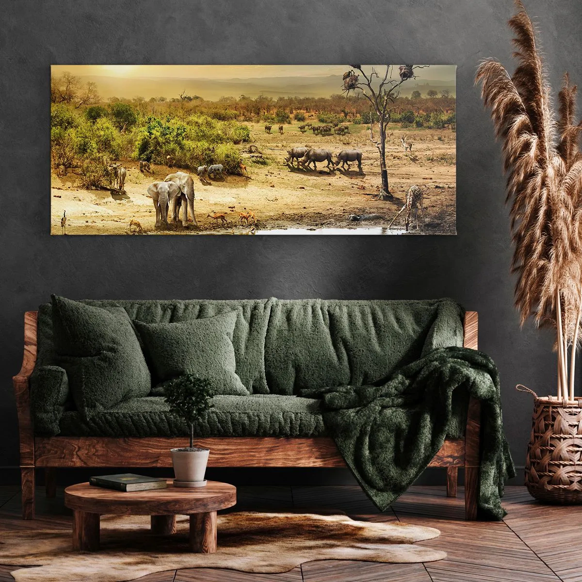 Bild auf Leinwand - Leinwandbild - Elefanten und Wildtiere an einer Wasserstelle bei Sonnenuntergang - 140x50cm - Ein Fluss floss aus Eden ... - Moderne Wanddekoration für Wohnzimmer und Schlafzimmer ARTTOR
